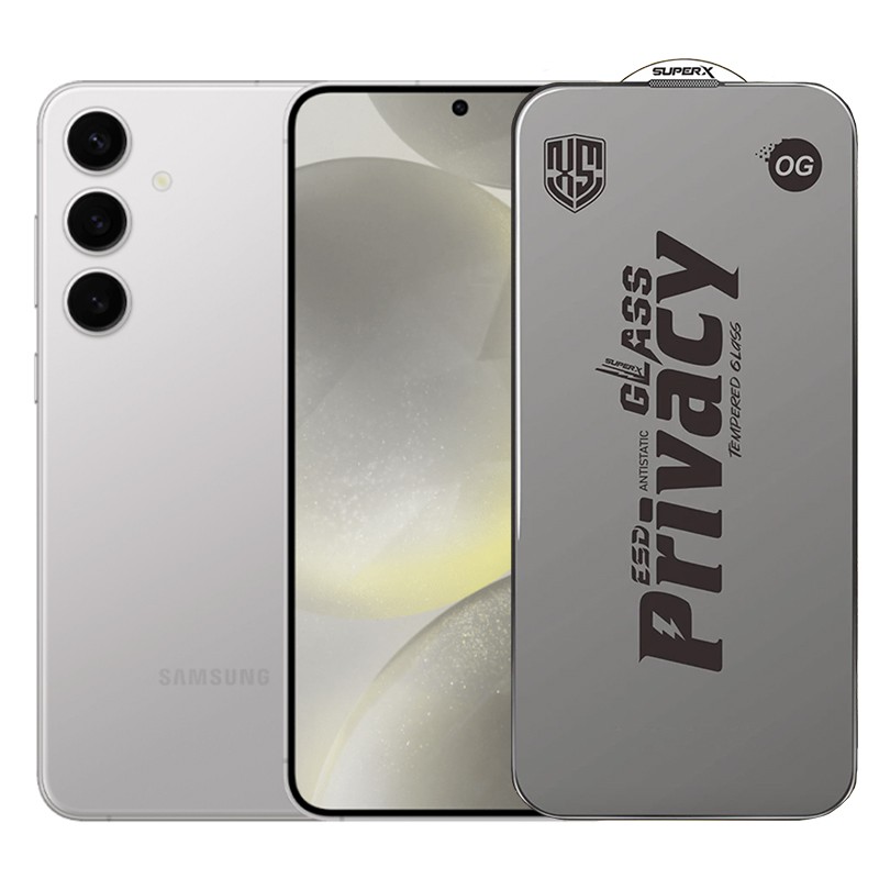 Folie de Protectie pentru Samsung Galaxy S24+, Flippy, Sticla Securizata ESD Antistatica, Super-X Privacy OG, Margini Negre, 0.30 mm, Transparent Inchis