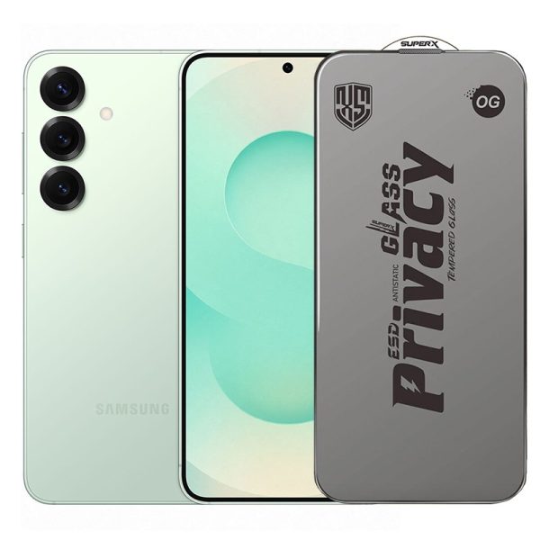 Folie de Protectie pentru Samsung Galaxy S25, Flippy, Sticla Securizata ESD Antistatica, Super-X Privacy OG, Margini Negre, 0.30 mm, Transparent Inchis