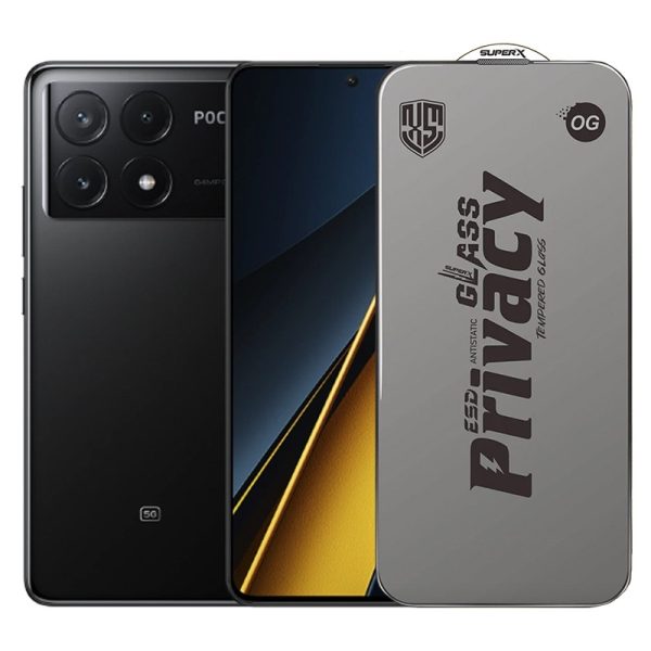 Folie de Protectie pentru Xiaomi Poco X6 Pro, Flippy, Sticla Securizata ESD Antistatica, Super-X Privacy OG, Margini Negre, 0.30 mm, Transparent Inchis