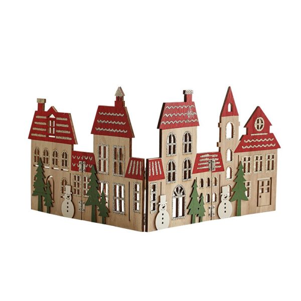 Decoratiune de Craciun, Flippy, Model Orasel de Craciun pentru Brad, in stil European, Pliabil din Lemn, 57 x 20 cm, Maro Natur Rosu
