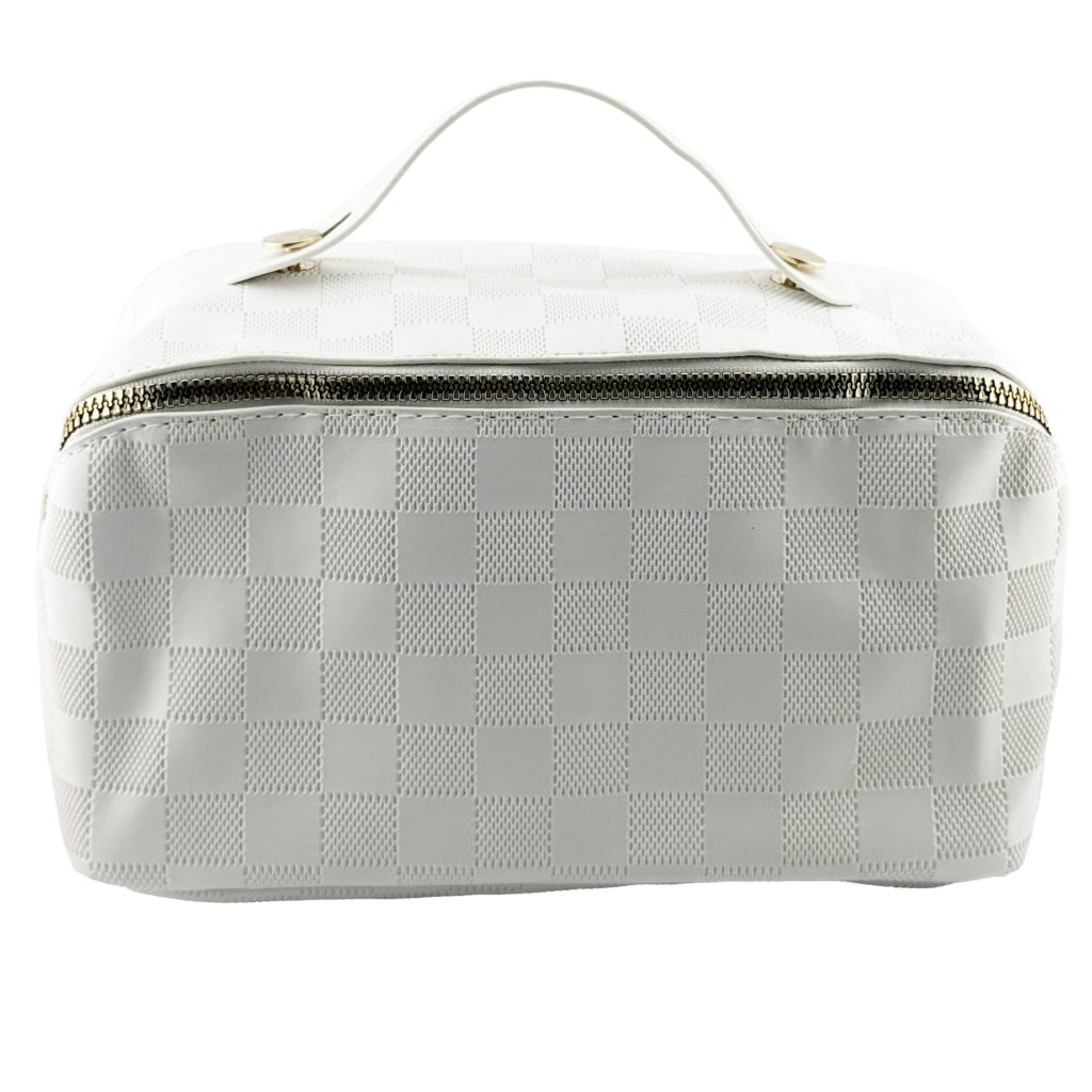 Geanta de Calatorie Flippy, Pentru Cosmetice, Portabila, Impermeabila, din Piele Ecologica, Compartimente Multiple, cu Fermoar, 22 x 13 x 12.5 cm, In Carouri, Alb