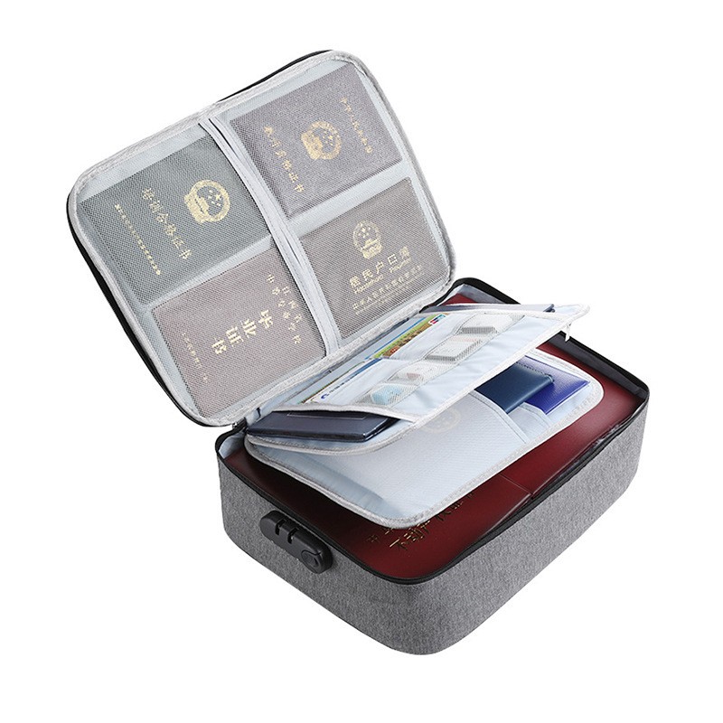 Geanta Flippy pentru Depozitare Acte si Documente, Facturi, Carduri, cu Cod de Securitate, 3 Compartimente, Impermeabila, 37 x 10.5 x 27 cm, Gri