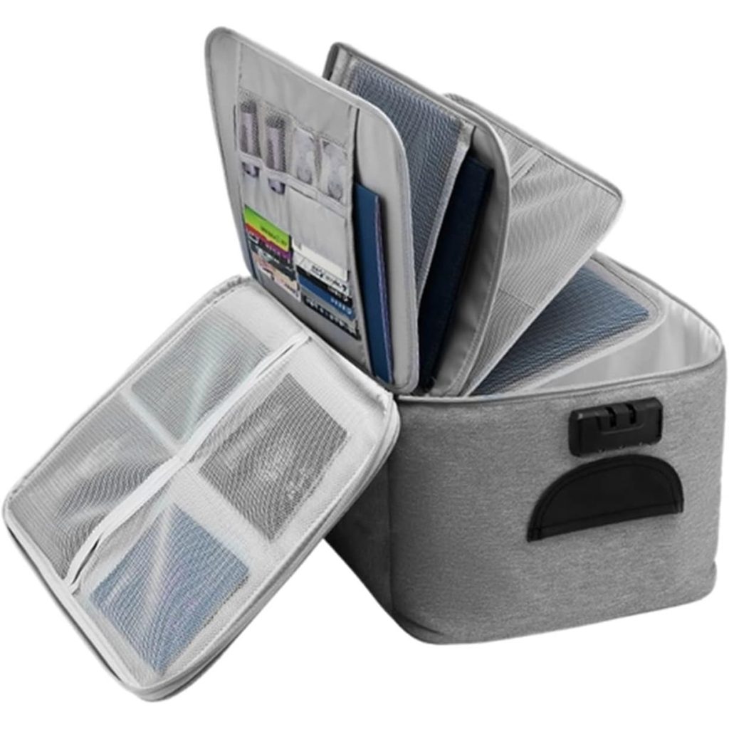 Geanta Flippy pentru Depozitare Acte si Documente, Facturi, Carduri, cu Cod de Securitate, 5 Compartimente, Impermeabila, 37 x 20 x 27 cm, Gri
