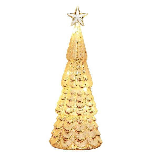 Decoratiune de Craciun, Flippy, Model Brad cu Stea, din Sticla, Lumini, Baterii 3 AA, 24 x 8 cm, Auriu
