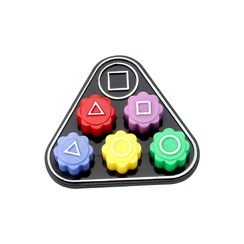 Gonggi Joc Traditional Coreean, Flippy, Tip Squid Game si Jocul Calamarului, pentru Dexteritate, Interactiv, Set 5 Piese Multicolore, Tabla Triunghiulara Neagra, 7x6.5 cm