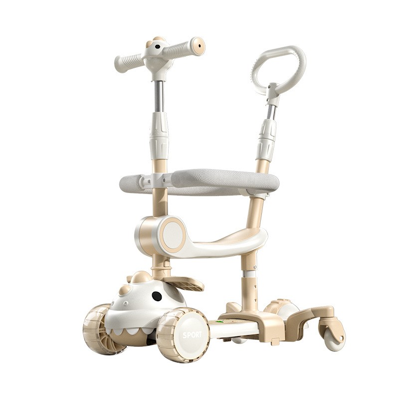 Trotineta Multifunctionala 6 in 1, Flippy, Varsta 1-4 Ani, Cu Maner De Impingere, Reglabil 360, Pliere Usoara, Reglarea Inaltimii, Model Dinozaur, Alb/Bej