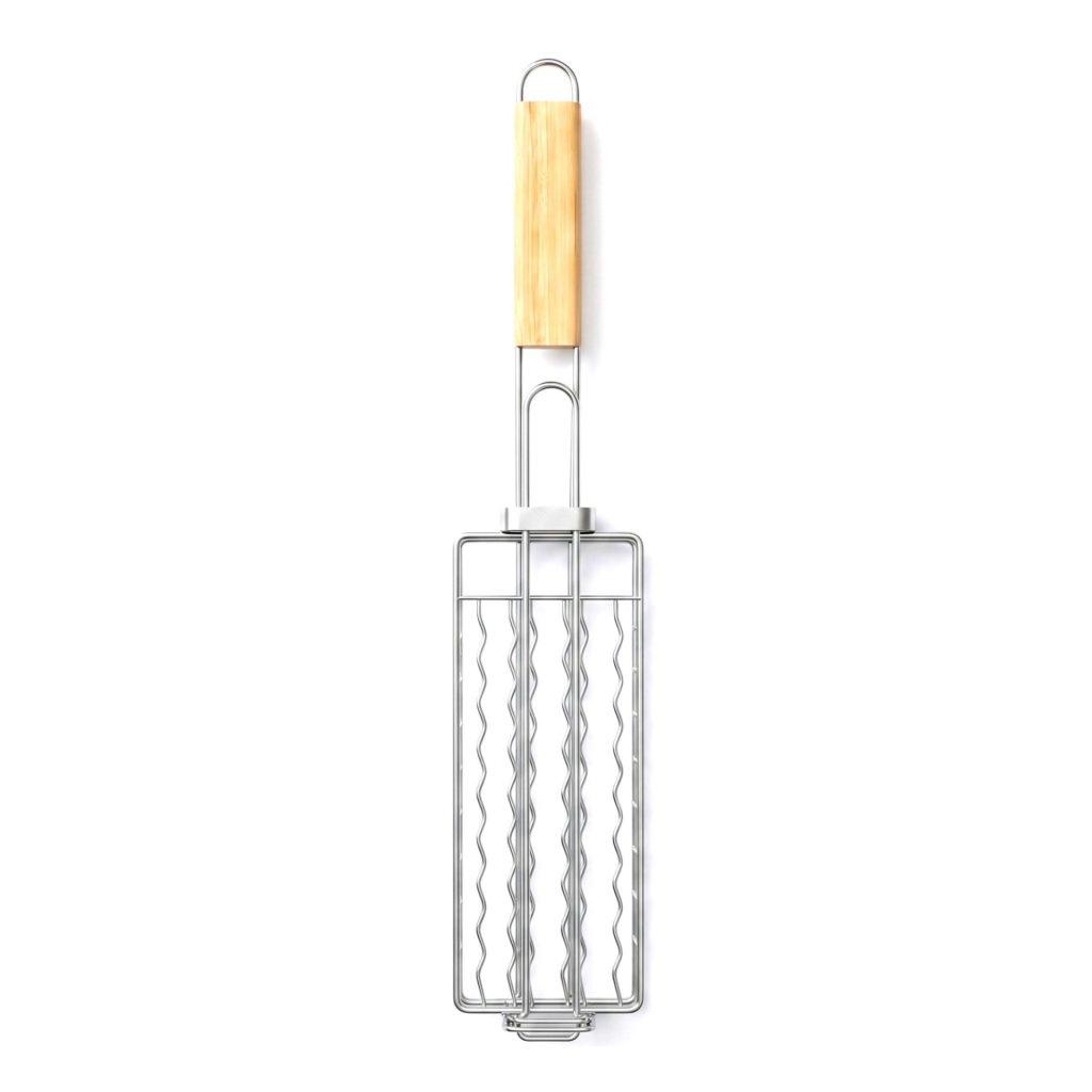 Grilaj pentru hot dog, Flippy, cu maner, din metal, pentru gratar si BBQ, 8x54 cm, Argintiu