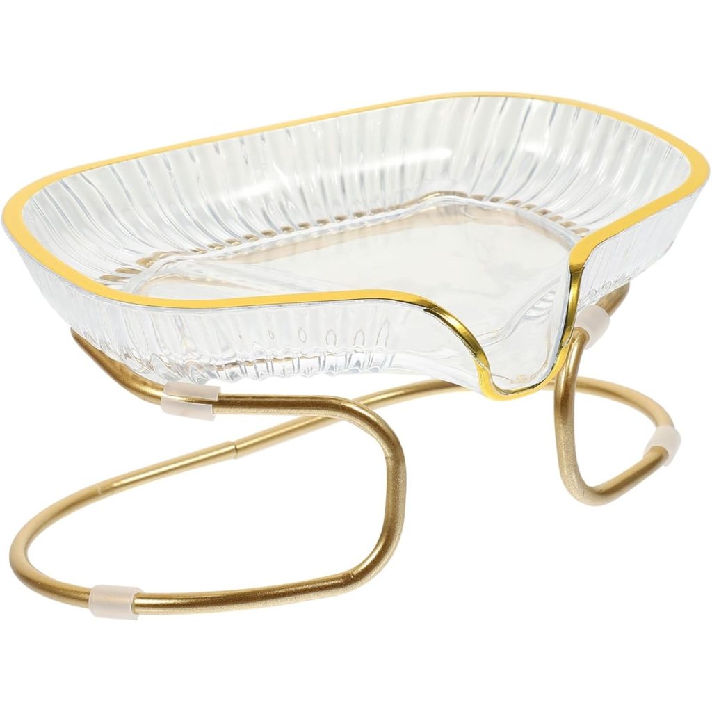 Savonieră cu Suport, Flippy, Sistem de Scurgere a Apei, Design Elegant cu Margine Aurie, Suport Metalic Inclus, 14 x 8.5 x 9 cm, Transparent/Auriu