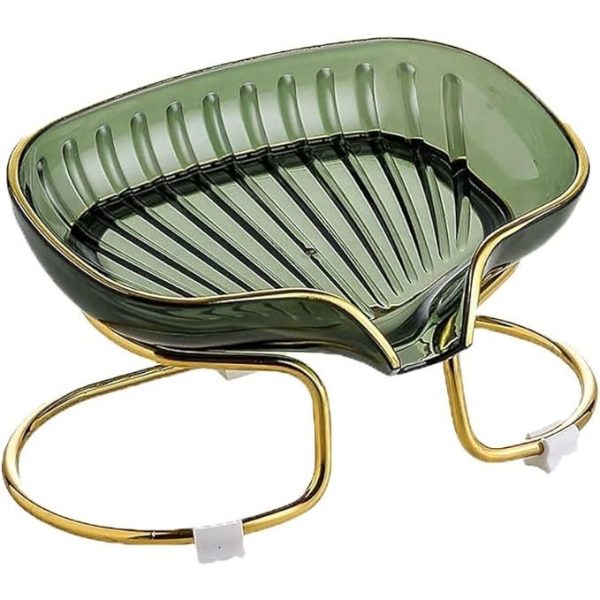 Savonieră cu Suport, Flippy, Sistem de Scurgere a Apei, Design Elegant cu Margine Aurie, Suport Metalic Inclus, 14 x 8.5 x 9 cm, Verde