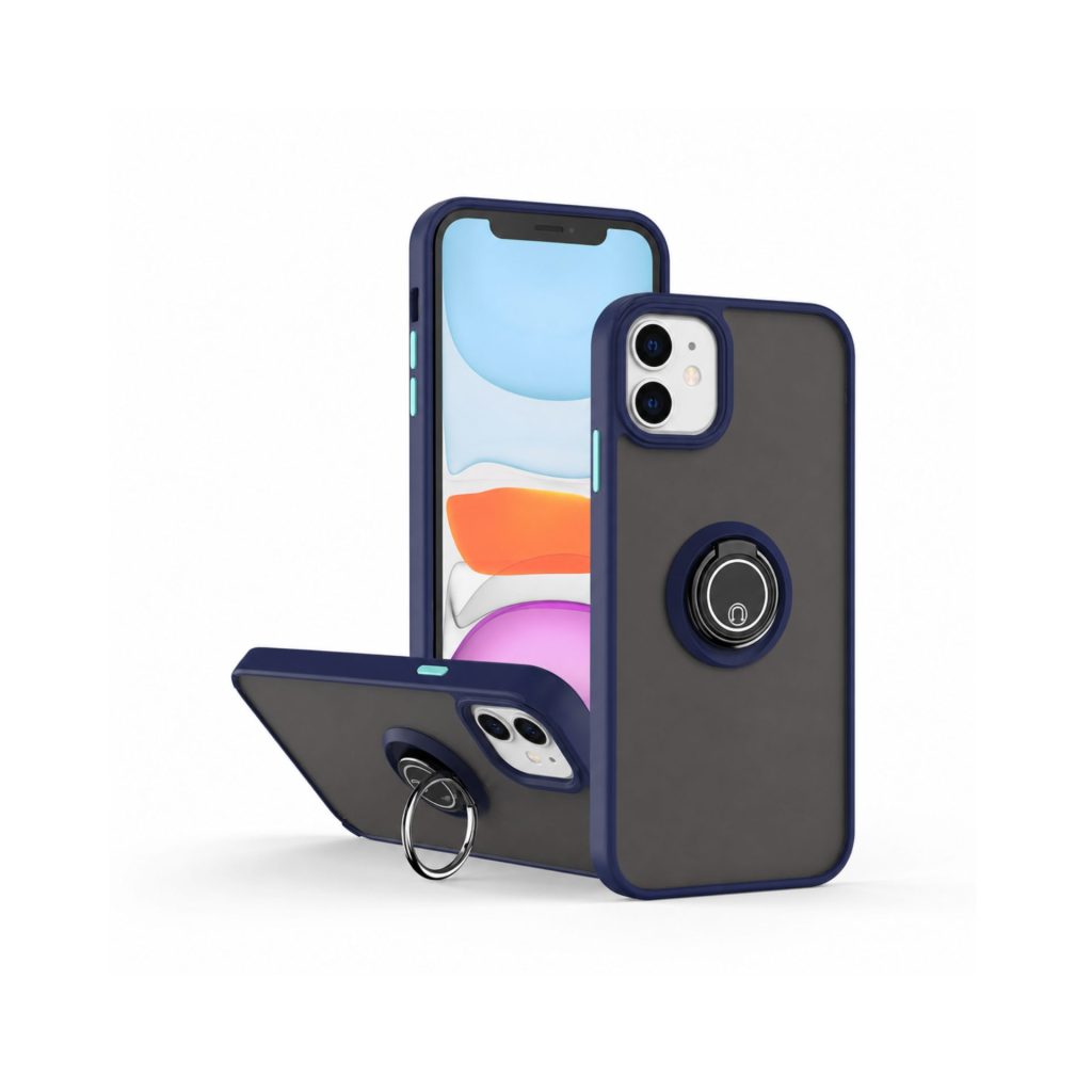 Husa Anti Fall Metal Bracket pentru Apple iPhone 11, Rezistenta la socuri, Margini colorate, Cu inel de prindere magnetic, Flippy, Albastru