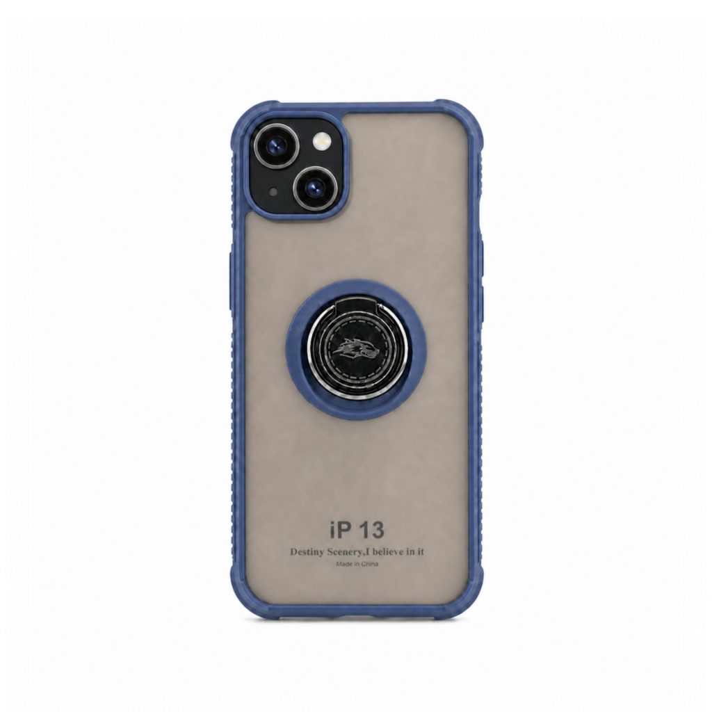 Husa Anti Fall Metal Bracket pentru Apple iPhone 13, Rezistenta la socuri, Margini colorate, Cu inel de prindere magnetic, Flippy, Albastru