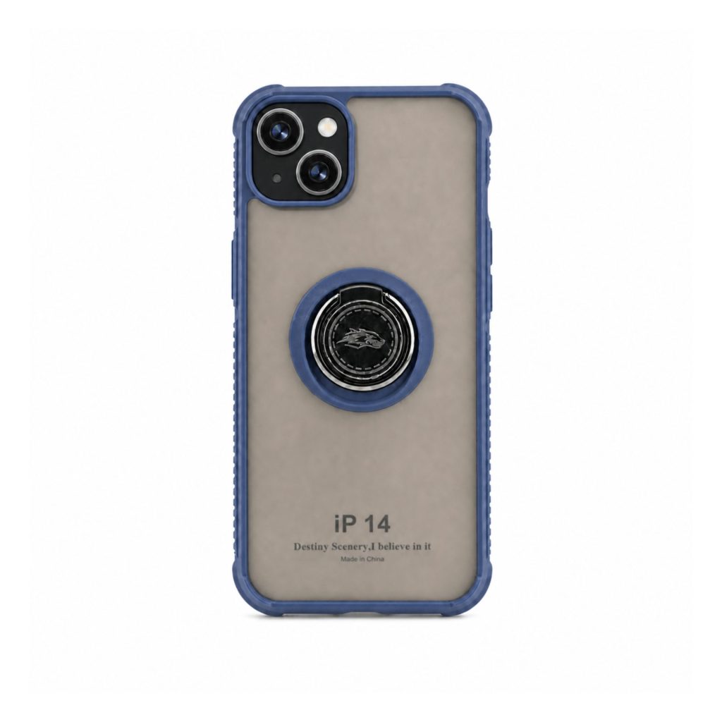 Husa Anti Fall Metal Bracket pentru Apple iPhone 14, Rezistenta la socuri, Margini colorate, Cu inel de prindere magnetic, Flippy, Albastru