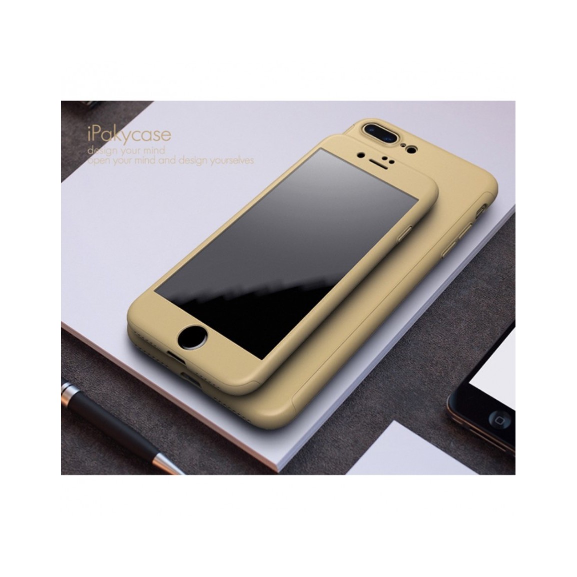 Husa Apple iPhone 7 Plus IPAKY Full Cover 360 Auriu + Folie Cadou - Image 3