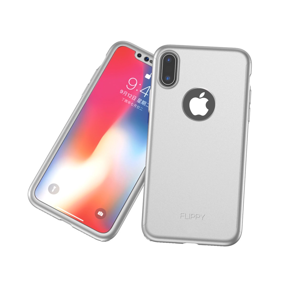 Set Husa si Folie de Protectie, Flippy, Compatibila cu Apple iPhone X, Full Cover 360°, Plastic + Sticla, Argintiu - Image 3