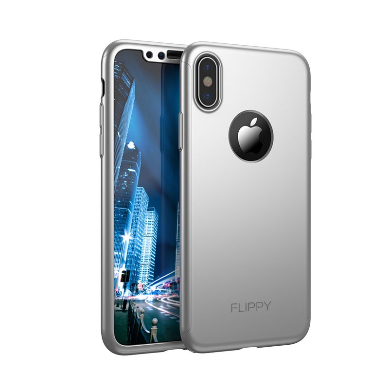Set Husa si Folie de Protectie, Flippy, Compatibila cu Apple iPhone X, Full Cover 360°, Plastic + Sticla, Argintiu - Image 6