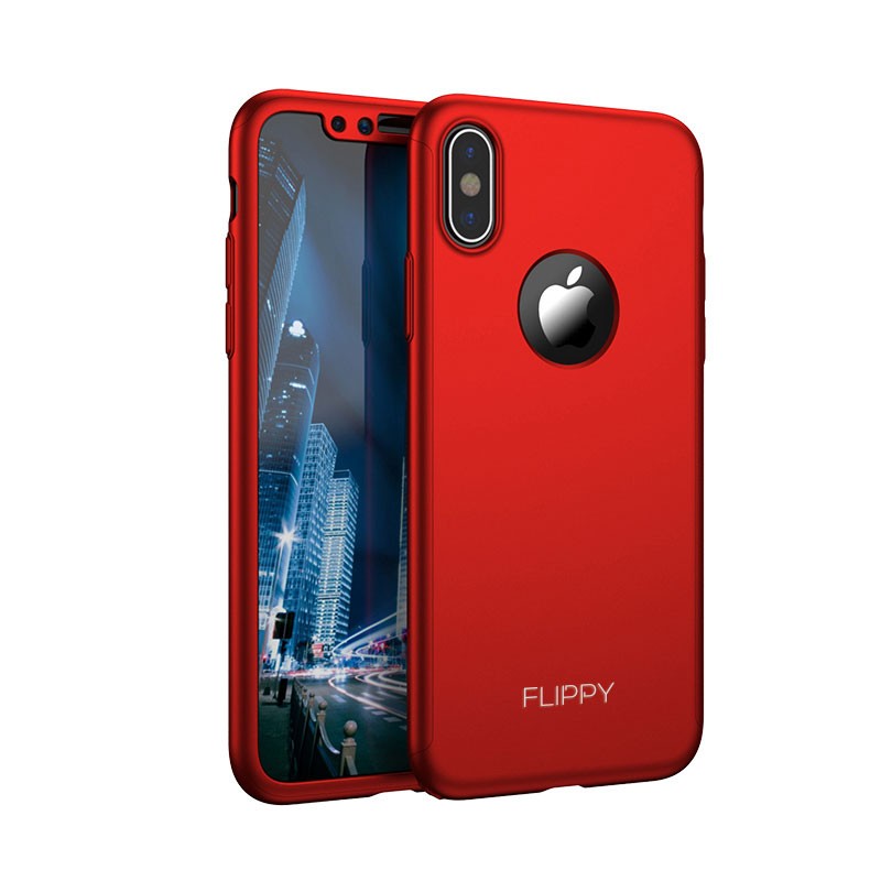 Set Husa si Folie de Protectie, Flippy, Compatibila cu Apple iPhone X, Full Cover 360°, Plastic + Sticla, Rosu - Image 2