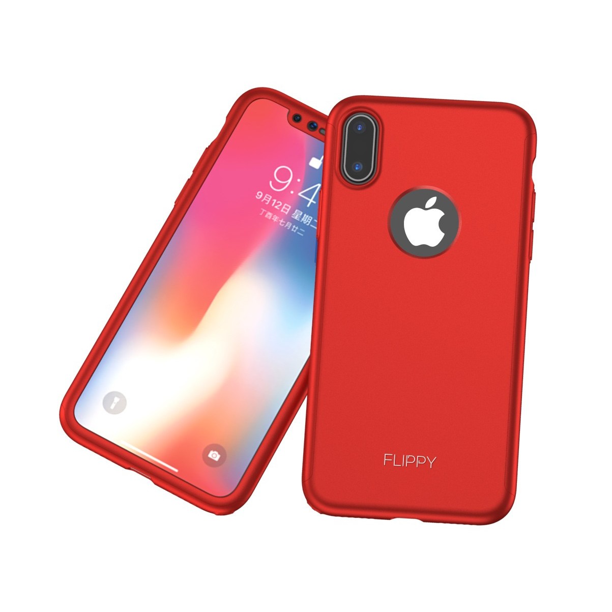 Set Husa si Folie de Protectie, Flippy, Compatibila cu Apple iPhone X, Full Cover 360°, Plastic + Sticla, Rosu - Image 4