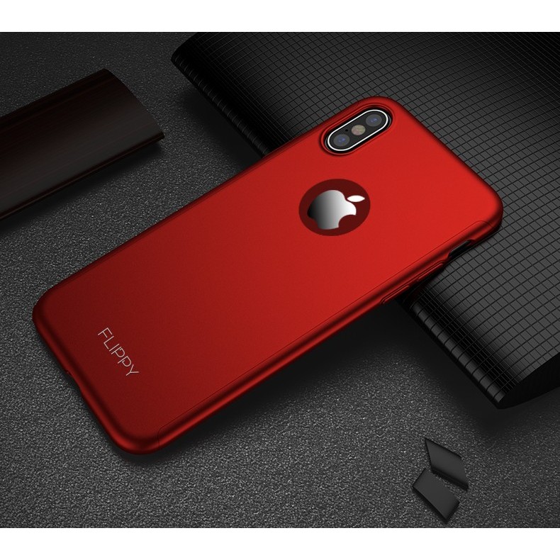 Set Husa si Folie de Protectie, Flippy, Compatibila cu Apple iPhone X, Full Cover 360°, Plastic + Sticla, Rosu - Image 5