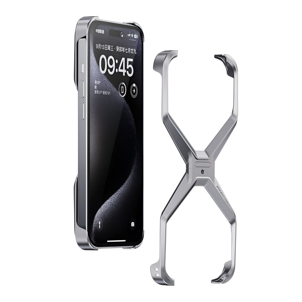 Husa Armor X Compatibila cu iPhone 15, Flippy, Aliaj de Aluminiu, Antisoc, Antizgarieturi, Impermeabila, Margini cu 2 Straturi, Aderent, Montare Usoara, Surubelnita Inclusa, Gri Metalizat