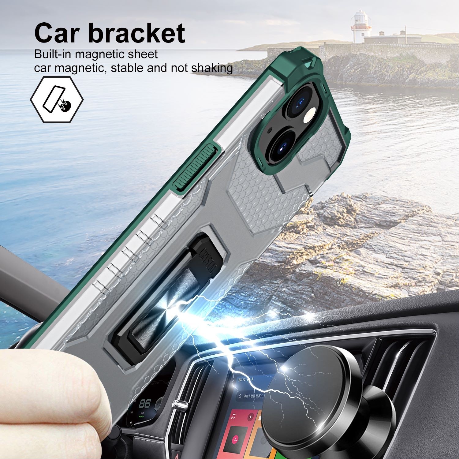 Husa de protectie Flippy compatibila cu Apple iPhone 13 Acrylic Armor cu suport Verde Inchis - Image 5