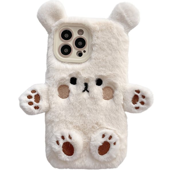 Husa de Protectie, Flippy, pentru Apple iPhone 15, Model Ursulet Pufos cu Urechi, Maini si Picioare, Antisoc, Rezistenta la Impact, Protectie Camera, Alb