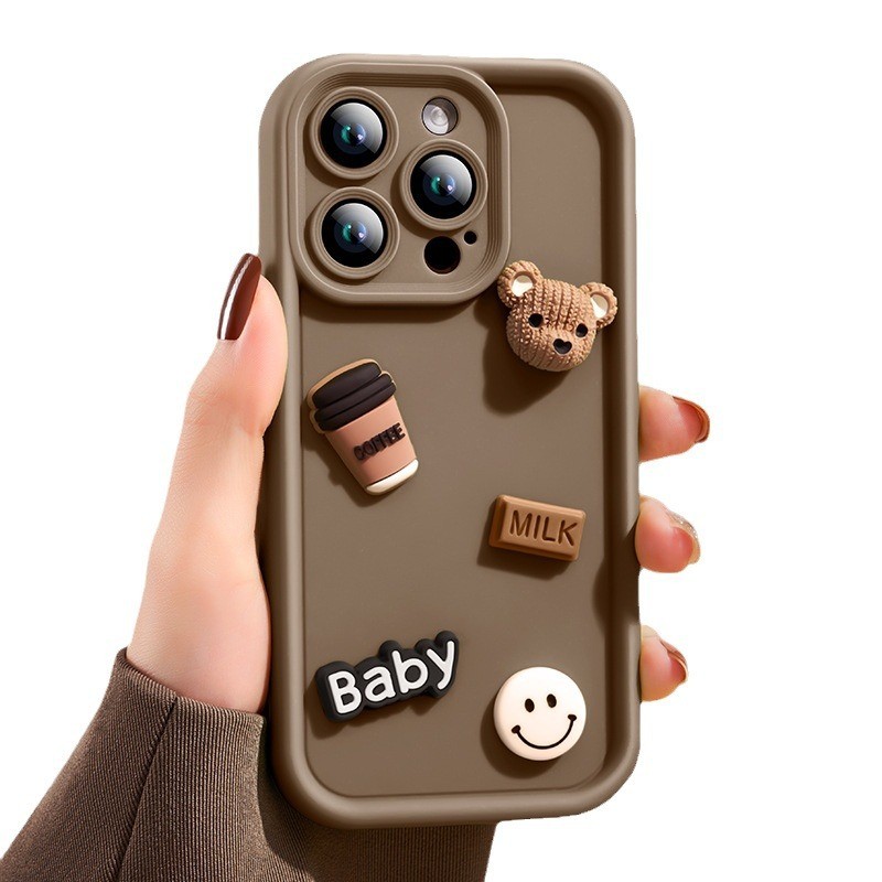 Husa de Protectie, Flippy, pentru Apple iPhone 15 Pro, Model Ursuleti 3D, Antisoc, Rezistenta la Impact, Protectie Camera, Maro