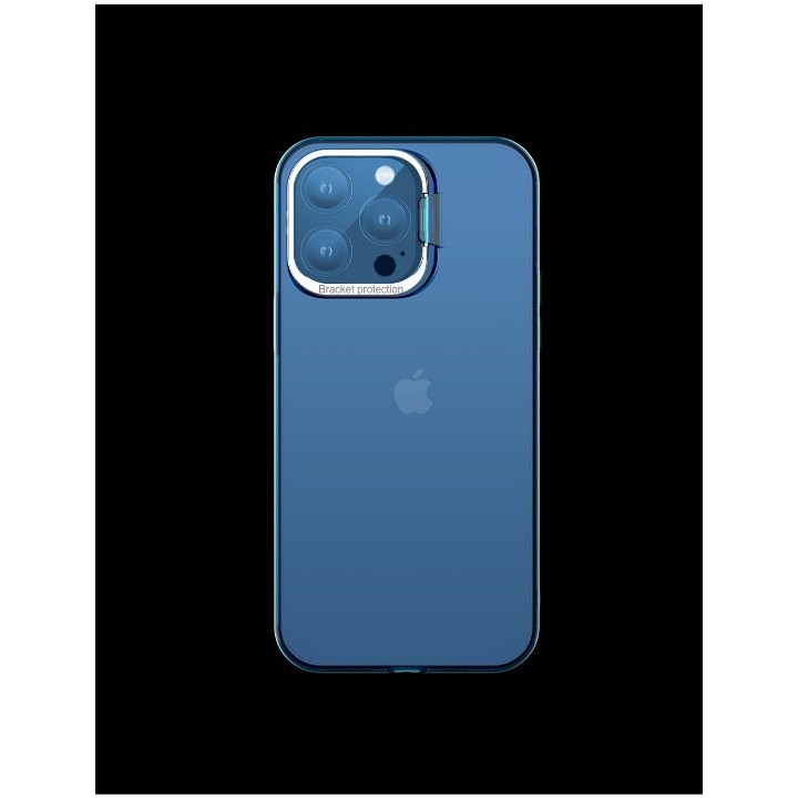 Husa de protectie pentru iPhone 14 Pro, cu suport metalic pentru camera, Bracket Series, Flippy, Protectie Antisoc, PC mat, silicon moale pe margini, Albastru