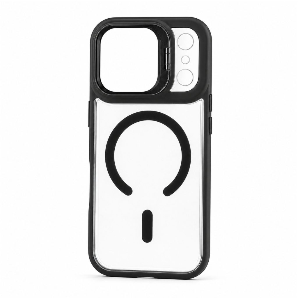 Husa de Protectie Telefon, Flippy, Compatibila cu iPhone 17 Pro , MagSafe, Acrylic, Suport Metalic Protectie Camera, Anti-Soc, Transparent/Negru