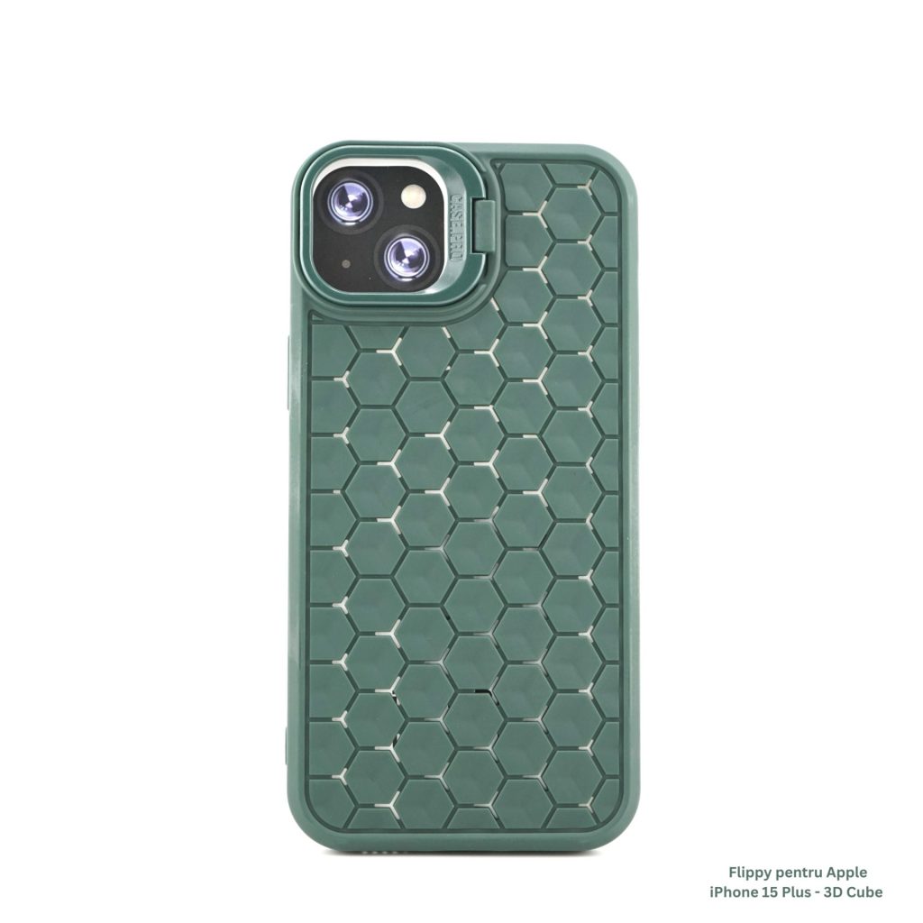 Husa de Protectie TPU, Flippy, pentru Apple iPhone 15 Plus, 3D Cube, cu Inel, Protectie Camera, Antisoc, Antizgariere, Antialunecare, Acoperire Completa, Verde