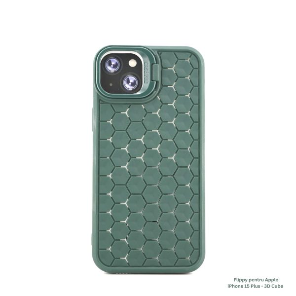 Husa de Protectie TPU, Flippy, pentru Apple iPhone 15 Plus, 3D Cube, cu Inel, Protectie Camera, Antisoc, Antizgariere, Antialunecare, Acoperire Completa, Verde