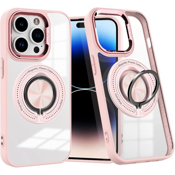 Husa de Protectie TPU, Flippy, pentru iPhone 16 Pro, Anticadere, cu Incarcare Wireless, Tehnologie Magsafe, Inel Magnetic Rotativ cu Functie de Suport, Transparent-Roz
