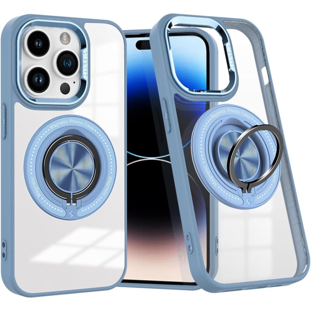 Husa de Protectie TPU, Flippy, pentru iPhone 16 Pro, Anticadere, cu Incarcare Wireless, Tehnologie Magsafe, Inel Magnetic Rotativ cu Functie de Suport, Transparent-Albastru Deschis