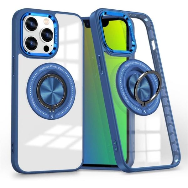 Husa de Protectie TPU, Flippy, pentru iPhone 16 Pro Max, cu Incarcare Wireless, Tehnologie Magsafe, Inel Magnetic Rotativ cu Functie de Suport, Transparent-Albastru Inchis