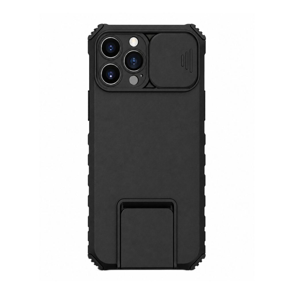Husa Defender cu Stand pentru iPhone 13 Pro, Negru, Suport reglabil, Antisoc, Protectie glisanta pentru camera, Flippy