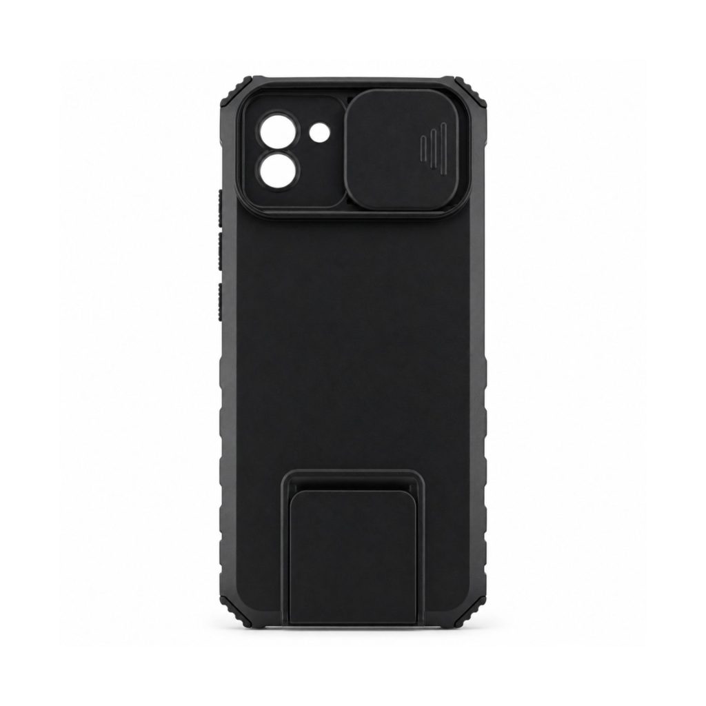 Husa de Protectie Defender, Flippy, Compatibila cu Samsung Galaxy A03, cu Suport Reglabil Integrat, Protectie Glisanta pentru Camera, Antisoc si Antizgariere, Negru