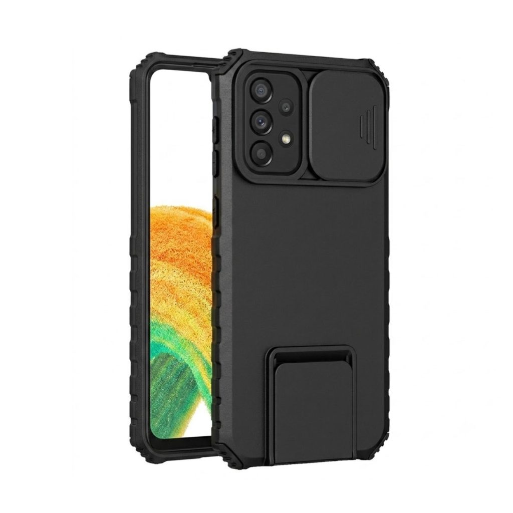 Husa Defender cu Stand pentru Samsung Galaxy A33 5G, Negru, Suport reglabil, Antisoc, Protectie glisanta pentru camera, Flippy
