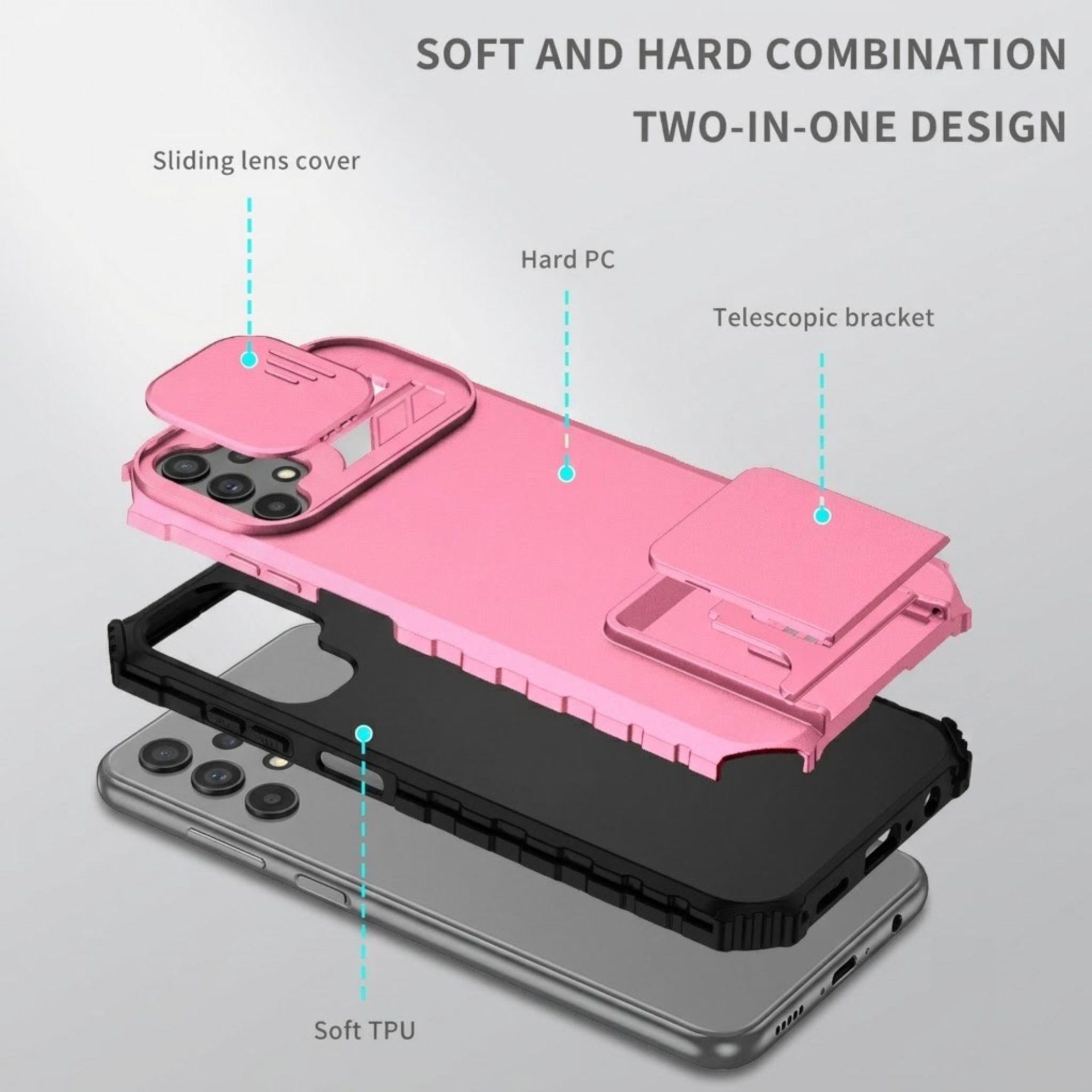 Husa Defender cu Stand pentru Samsung Galaxy A53 5G, Roz, Suport reglabil, Antisoc, Protectie glisanta pentru camera, Flippy - Image 3