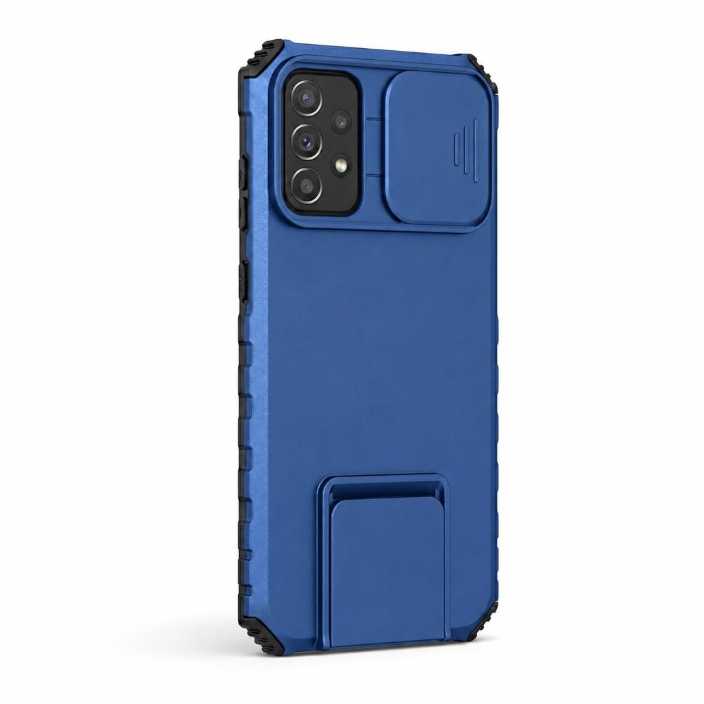 Husa Defender cu Stand pentru Samsung Galaxy A72 4G/ 5G, Albastru, Suport reglabil, Antisoc, Protectie glisanta pentru camera, Flippy