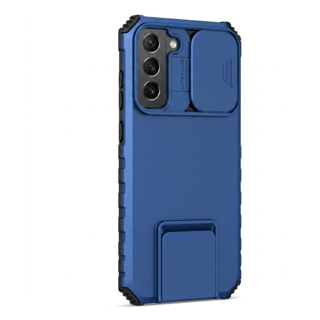 Husa Defender cu Stand pentru Samsung Galaxy S21 FE, Albastru, Suport reglabil, Antisoc, Protectie glisanta pentru camera, Flippy