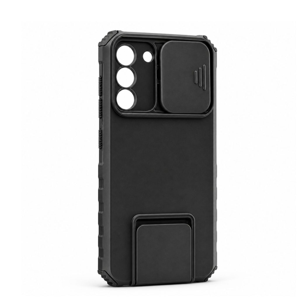 Husa de Protectie Defender, Flippy, Compatibila cu Samsung Galaxy S21 FE, cu Stand Reglabil Integrat, Protectie Glisanta pentru Camera, Design Antisoc si Antizgariere, Negru