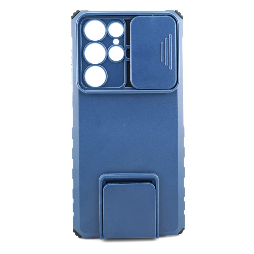 Husa Defender cu Stand pentru Samsung Galaxy S22 Ultra, Albastru, Suport reglabil, Antisoc, Protectie glisanta pentru camera, Flippy