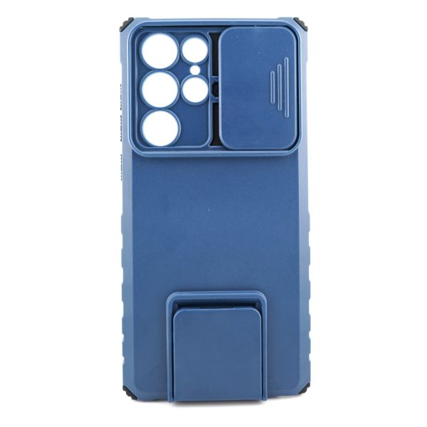 Husa Defender cu Stand pentru Samsung Galaxy S22 Ultra, Albastru, Suport reglabil, Antisoc, Protectie glisanta pentru camera, Flippy