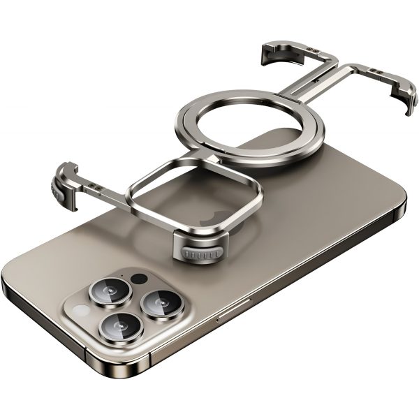 Husa MagSafe Metalica Compatibila cu iPhone 15 Pro, Flippy, Clear Case, Aliaj de Aluminiu, cu Magnet, fara Rama, Antisoc, Antizgariere, Incarcare Wireless, Gri Metalizat