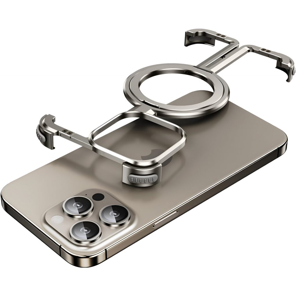 Husa MagSafe Metalica Compatibila cu iPhone 15 Pro Max, Flippy, Clear Case, Aliaj de Aluminiu, cu Magnet, fara Rama, Antisoc, Antizgariere, Incarcare Wireless, Gri Metalizat