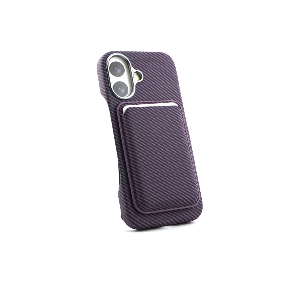 Husa MagSafe pentru iPhone 17, Flippy, Suport Card Detasabil, Carcasa pentru Telefon, Textura Fibra de Carbon, Business Style, Mov