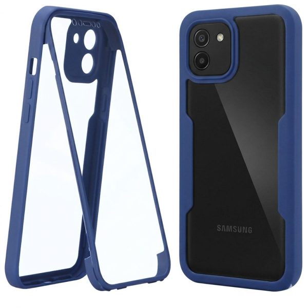 Husa Max Defence pentru Samsung Galaxy A03, Bumper Albastru, Fata Dubla Transparenta, Protectie Antisoc Full 360 ( fata, spate, margini ), Flippy