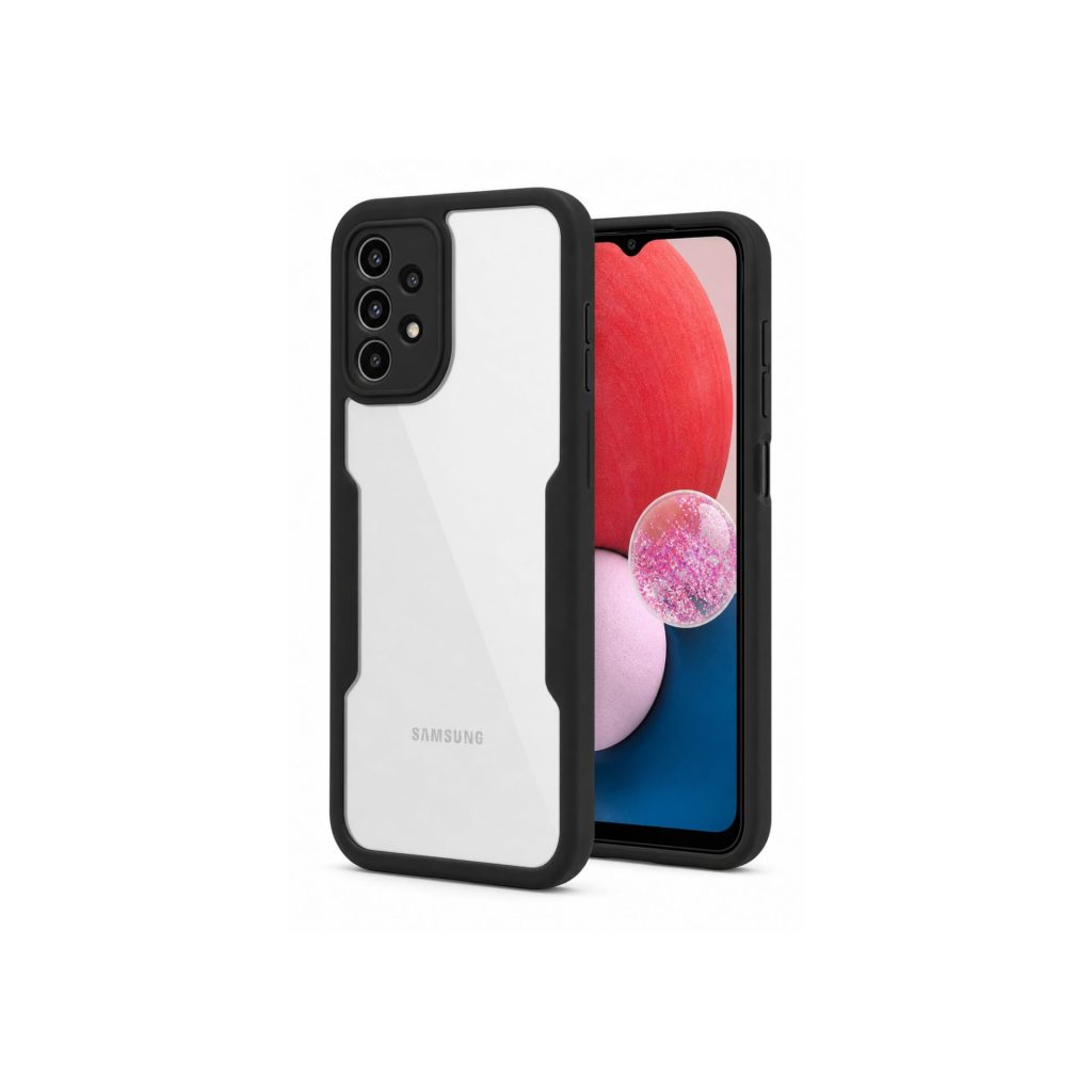 Husa Max Defence pentru Samsung Galaxy A13 4G, Bumper Negru, Fata Dubla Transparenta, Protectie Antisoc Full 360 ( fata, spate, margini ), Flippy