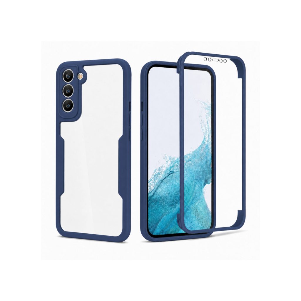 Husa Max Defence pentru Samsung Galaxy S21 FE, Bumper Albastru, Fata Dubla Transparenta, Protectie Antisoc Full 360 ( fata, spate, margini ), Flippy
