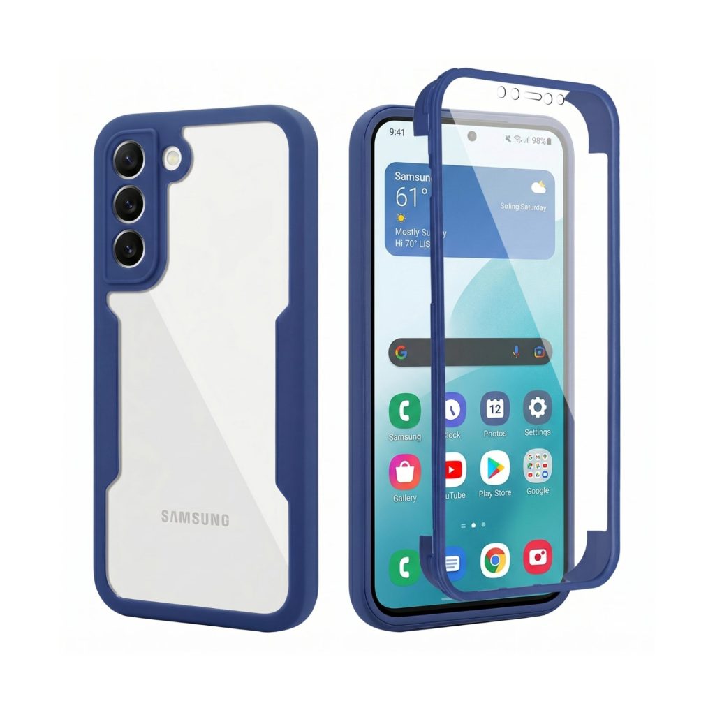 Husa Max Defence pentru Samsung Galaxy S22, Bumper Albastru, Fata Dubla Transparenta, Protectie Antisoc Full 360 ( fata, spate, margini ), Flippy