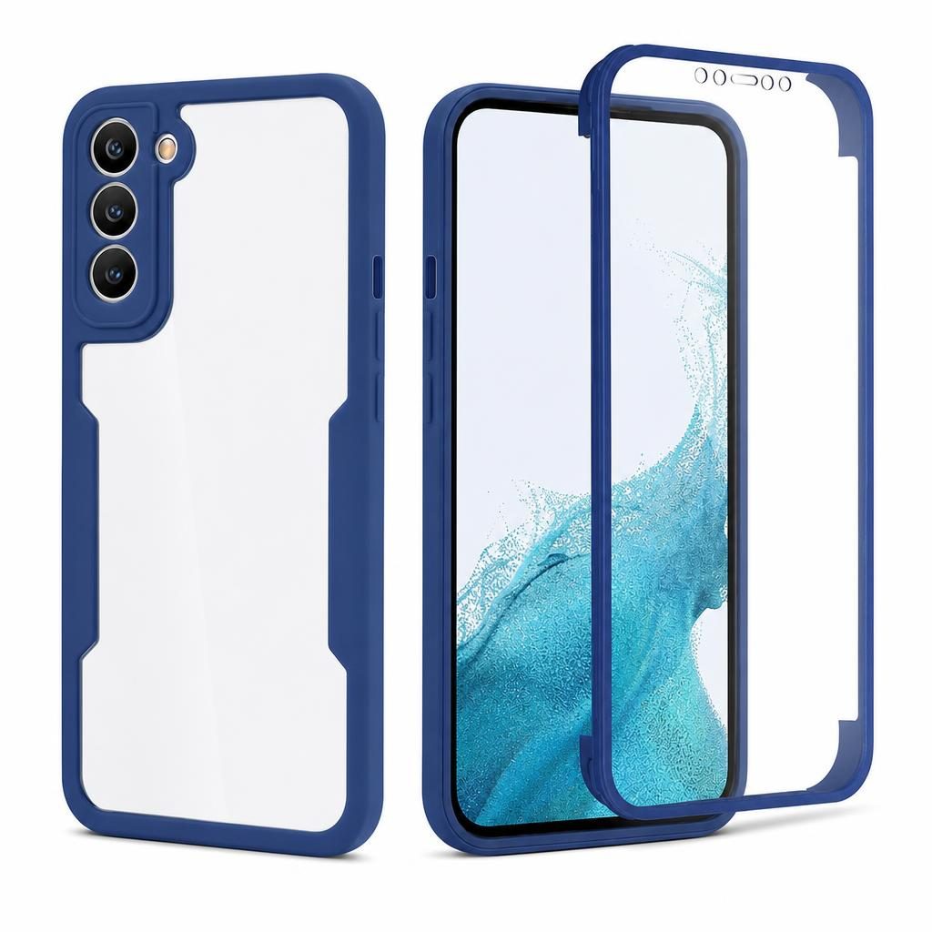 Husa Max Defence pentru Samsung Galaxy S22 Plus, Bumper Albastru, Fata Dubla Transparenta, Protectie Antisoc Full 360 ( fata, spate, margini ), Flippy
